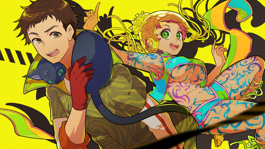 1boy, 1girl, artist_name, black_cat, body_markings, breasts, brown_eyes, cat