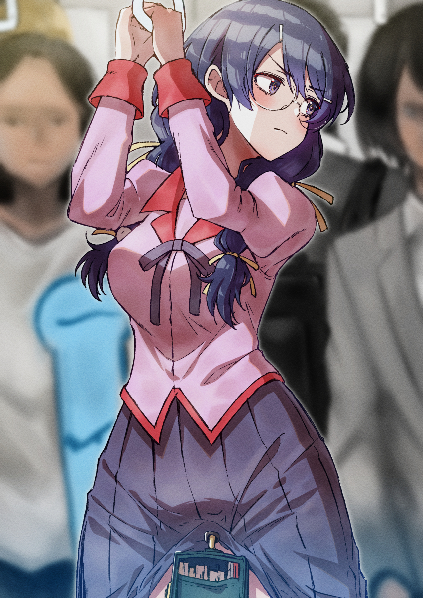 absurdres, arms_up, bag, bakemonogatari, between_legs, black_hair, braid, breasts