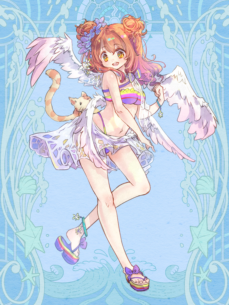 1girl, bikini, brown_hair, cat, dairoku_ryouhei, feathered_wings, flower, full_body, hair_flower, hair_ornament, harenochi_hareta, medium_hair, multiple_wings, navel, purple_footwear, solo, swimsuit, teeth, upper_teeth_only, white_wings, wings, yellow_eyes