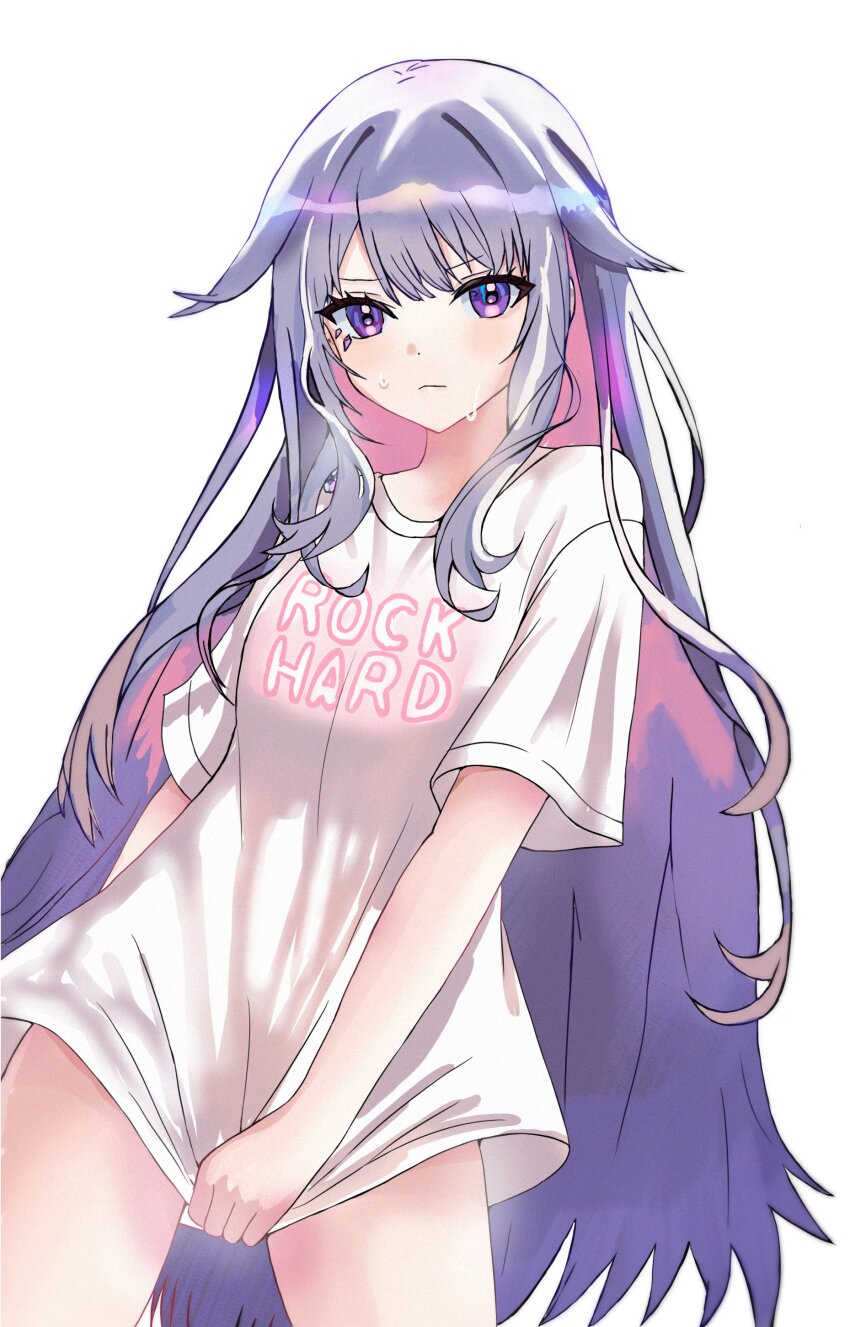 1girl, absurdres, breasts, closed_mouth, clothes_writing, colored_inner_hair, eyelashes, grey_hair