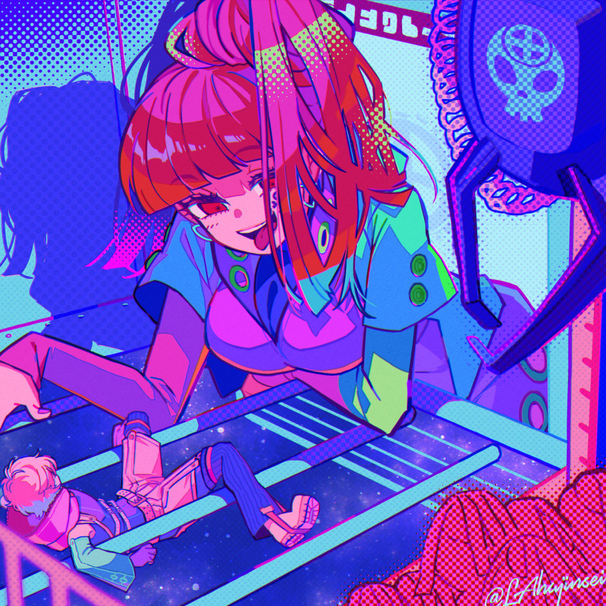 1boy, 1girl, back, blunt_bangs, corruption, crazy, dark_persona, earrings