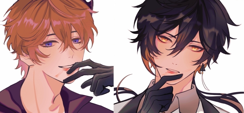 2boys, absurdres, eyeliner, finger_to_own_mouth, genshin_impact, highres, image_sample, implied_kiss