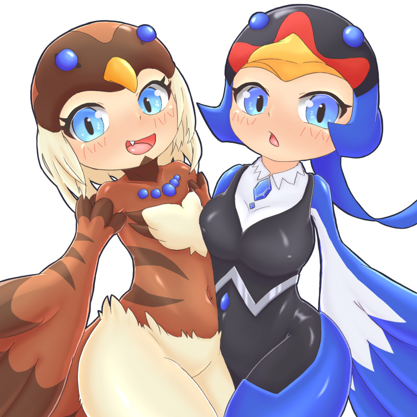 2girls, bird_hat, bird_hood, bird_legs, bird_tail, blonde_hair, blue_eyes, blush