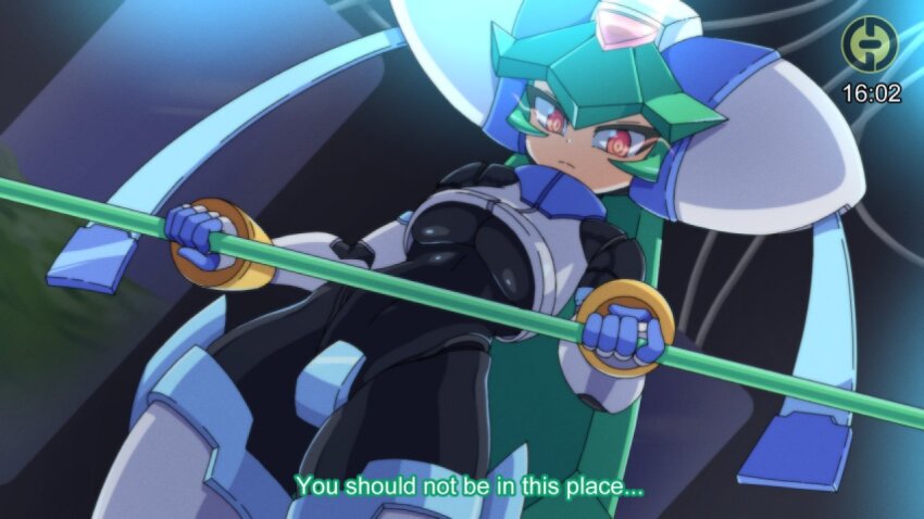 1girl, android, armor, black_bodysuit, bodysuit, bodysuit_under_clothes, boots, breasts, crop_top, english_text, eye_trail, forehead_jewel, from_below, godichi, green_hair, helmet, holding, holding_staff, light_trail, long_hair, looking_down, medium_breasts, mega_man_(series), mega_man_zx, model_w_(mega_man), pandora_(mega_man), power_armor, red_eyes, robot_girl, solo, staff, subtitled, thigh_boots, timestamp, underboob, white_armor, white_helmet