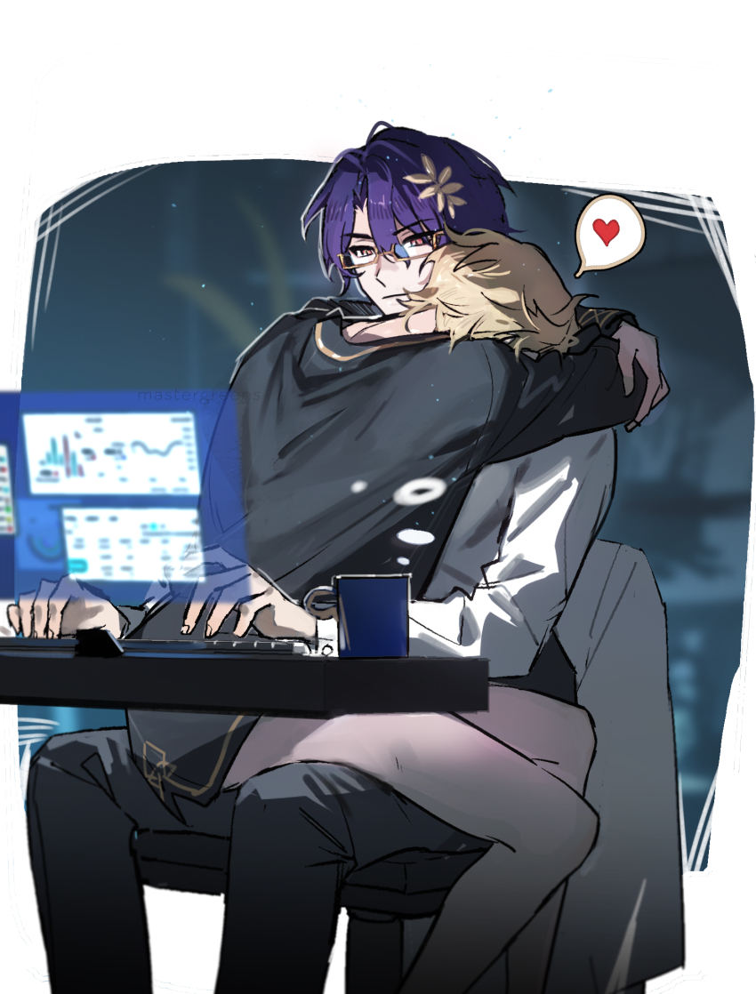 2boys, aventurine_(anan)_(honkai:_star_rail), aventurine_(honkai:_star_rail), black_pajamas, blonde_hair, blue_hair, chair, closed_mouth