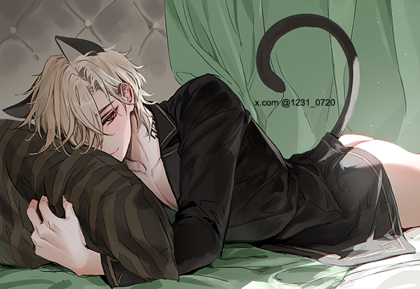 1boy, animal_ears, aventurine_(anan)_(honkai:_star_rail), aventurine_(honkai:_star_rail), bed_sheet, black_pajamas, blonde_hair, cat_ears