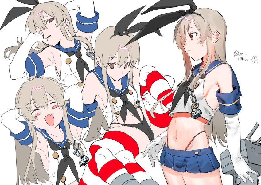 1girl, anchor_hair_ornament, black_hairband, black_neckerchief, black_panties, blonde_hair, blue_sailor_collar, blue_skirt, blush_stickers, chain, closed_eyes, crop_top, elbow_gloves, gloves, grey_eyes, hair_ornament, hairband, highleg, highleg_panties, highres, kantai_collection, long_hair, microskirt, miniskirt, multiple_views, navel, neckerchief, one_eye_closed, open_mouth, panties, pleated_skirt, rensouhou-chan, sailor_collar, shimakaze_(kancolle), shirt, shishamo_(domado), sketch, skirt, sleeveless, sleeveless_shirt, smile, striped_clothes, striped_thighhighs, thighhighs, thong, underwear, white_gloves