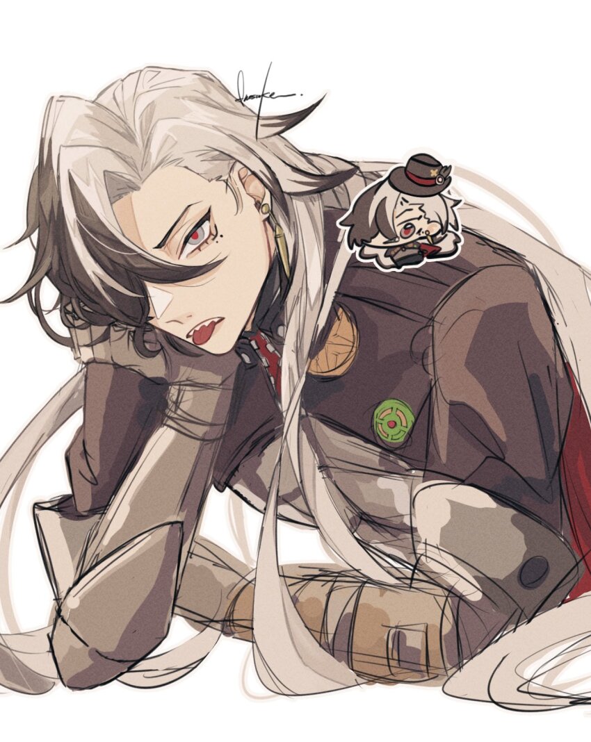 1boy, black_hair, boothill_(honkai:_star_rail), ear_piercing, earrings, hair_over_one_eye, highres, honkai:_star_rail