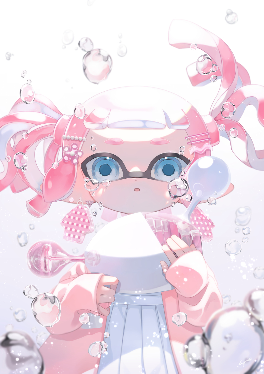 1girl, :o, absurdres, blue_eyes, blue_pupils, blunt_bangs, bubble, cardigan