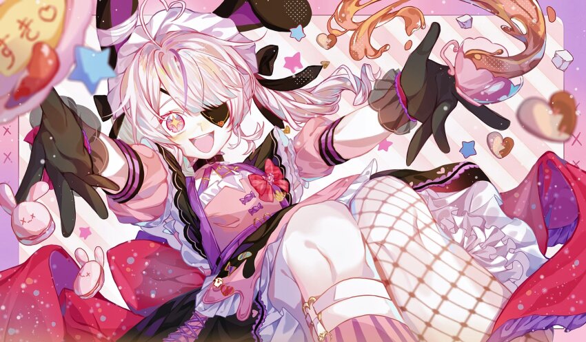 1girl, :d, ahoge, animal_ears, asymmetrical_legwear, black_gloves, chapret10, cookie