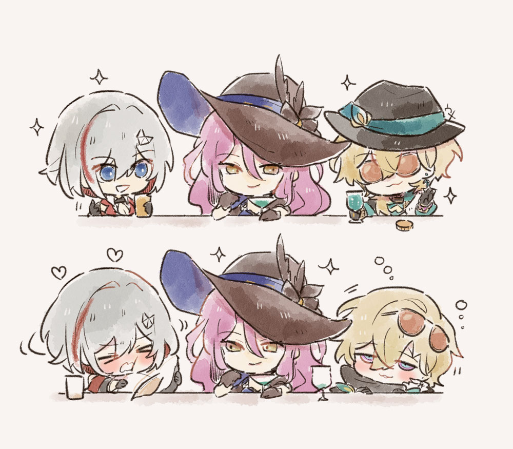 1boy, 2girls, aventurine_(honkai:_star_rail), black_hat, blonde_hair, blue_eyes, blush, cheesegohanpan