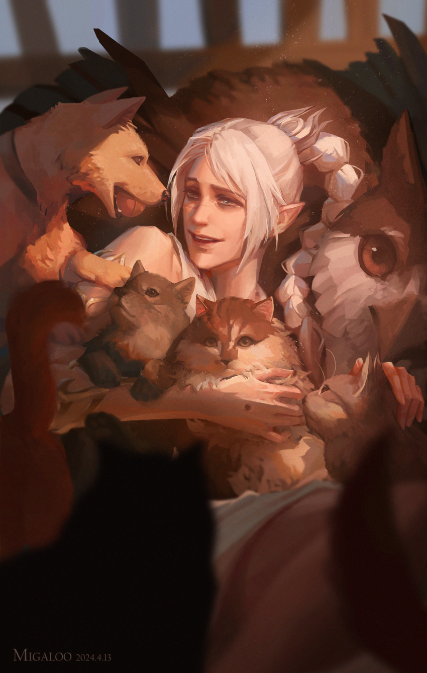 1girl, animal, artist_name, baldur's_gate, baldur's_gate_3, ball, blue_eyes, blurry, blurry_foreground, cat, commentary, dated, depth_of_field, dog, elf, english_commentary, facial_scar, from_side, highres, holding, holding_animal, long_hair, looking_at_animal, migaloo, multi-tied_hair, open_mouth, owlbear, painterly, petting, pointy_ears, ponytail, scar, scar_on_cheek, scar_on_face, scar_on_hand, scar_on_nose, scratch_(baldur's_gate), shadowheart_(baldur's_gate), smile, upper_body, white_hair