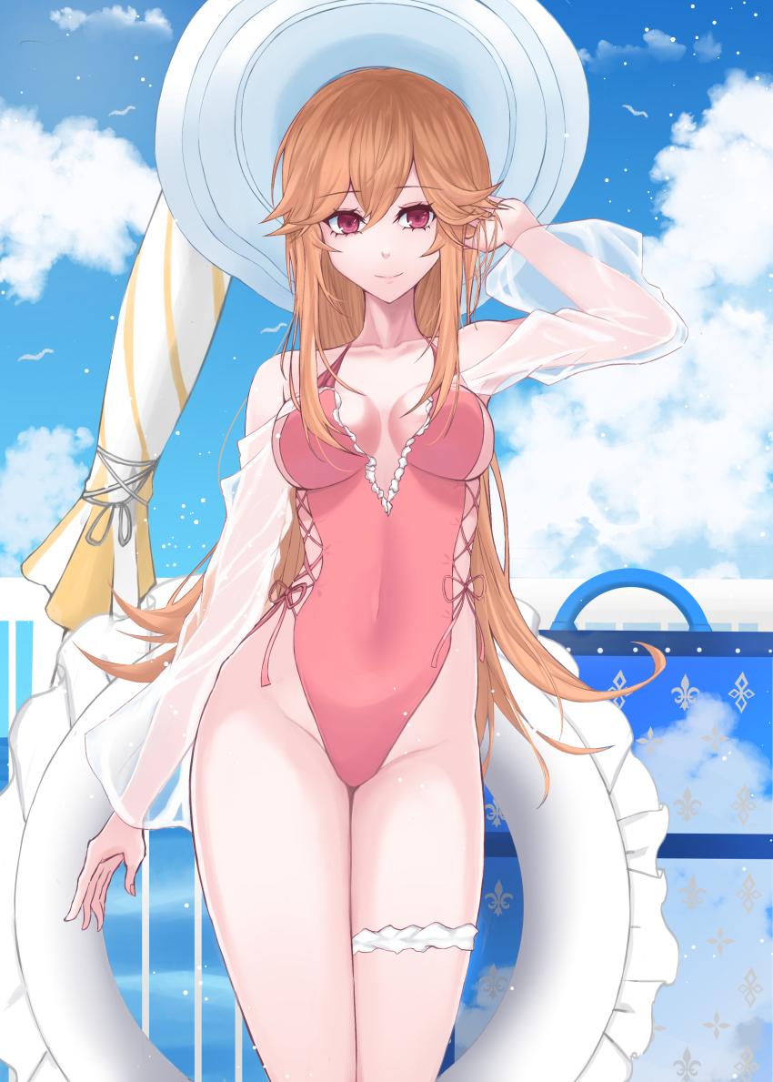 1girl, absurdres, azur_lane, blonde_hair, breasts, casual_one-piece_swimsuit, cleavage, cowboy_shot