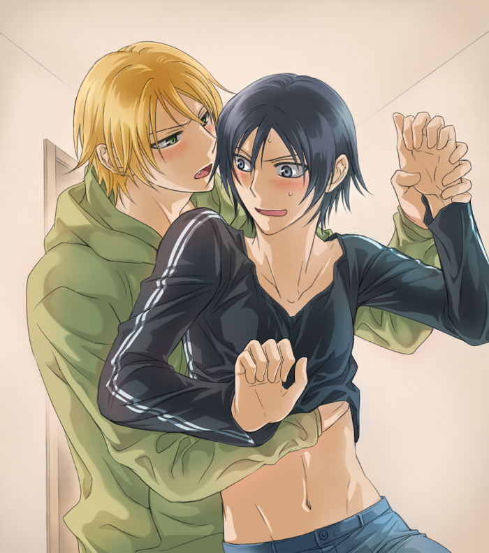 2boys, bad_id, blonde_hair, blue_eyes, blue_hair, blush, brothers, fang