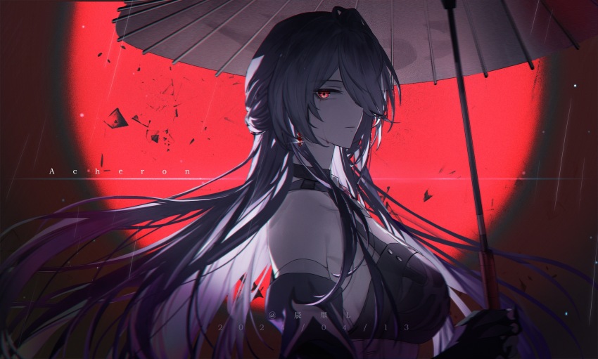 1girl, acheron_(honkai:_star_rail), artist_name, bandaged_arm, bandages, black_choker, black_gloves, blood