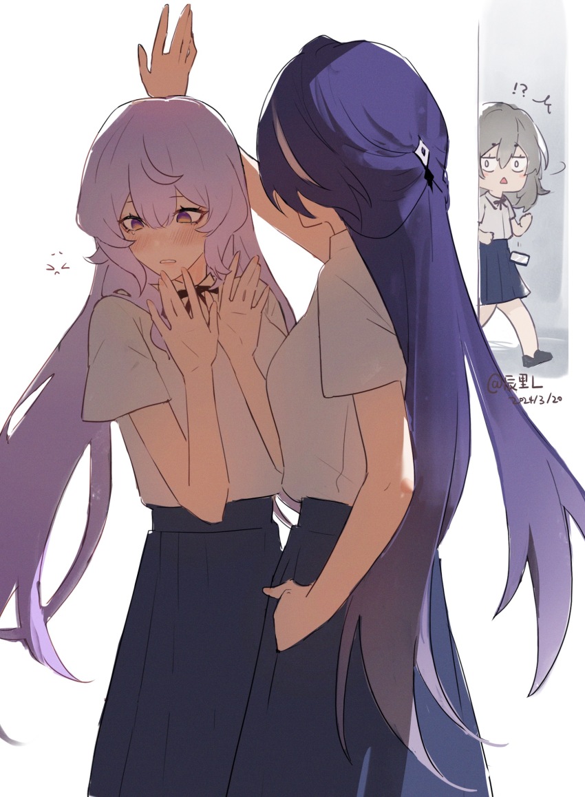 !?, 3girls, acheron_(honkai:_star_rail), alternate_costume, arm_up, black_swan_(honkai:_star_rail), blue_skirt, blush, chen_li, chibi, chibi_inset, grey_hair, hand_in_pocket, hand_up, highres, honkai:_star_rail, honkai_(series), kabedon, long_hair, multicolored_hair, multiple_girls, purple_hair, school_uniform, shirt, simple_background, skirt, stelle_(honkai:_star_rail), streaked_hair, trailblazer_(honkai:_star_rail), white_shirt, yuri