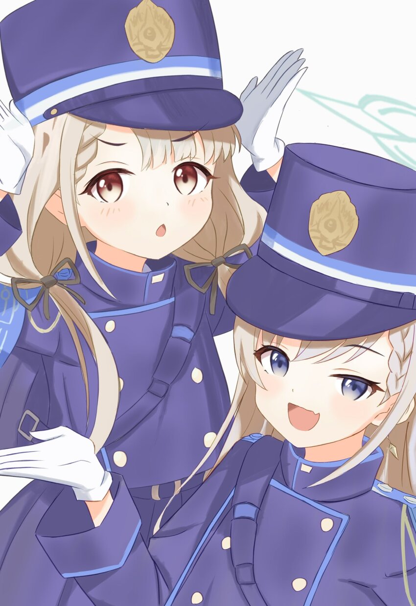 1717inamin, 2girls, alternate_costume, blue_archive, blue_eyes, blush, breasts, cosplay, fang, gloves, halo, highres, hikari_(blue_archive), hikari_(blue_archive)_(cosplay), hisakawa_hayate, hisakawa_nagi, idolmaster, idolmaster_cinderella_girls, light_brown_hair, long_hair, looking_at_viewer, multiple_girls, nozomi_(blue_archive), nozomi_(blue_archive)_(cosplay), open_mouth, portrait, siblings, sisters, small_breasts, uniform, white_background