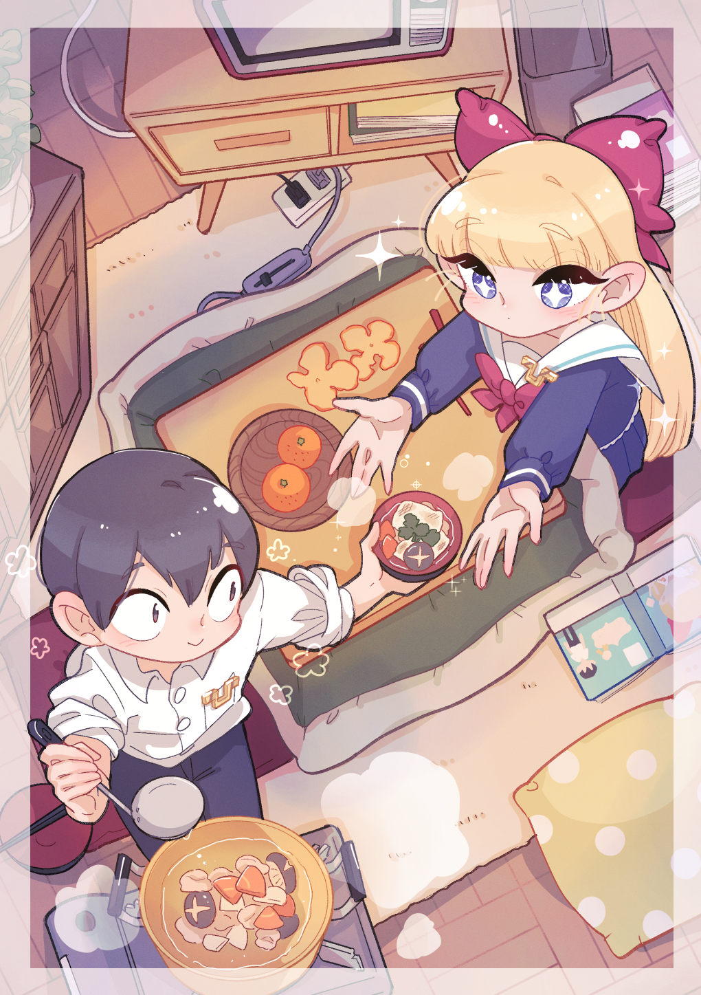 +_+, 1boy, 1girl, arigasaki_chitose, black_hair, blonde_hair, book, bow