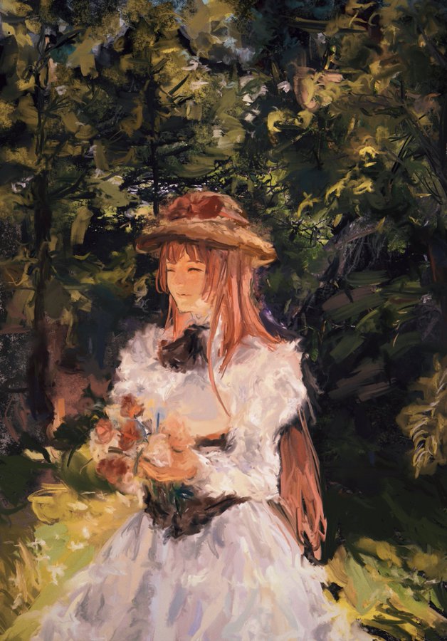 1girl, ashashio, closed_eyes, closed_mouth, dress, flower, flower_as_hat, hat