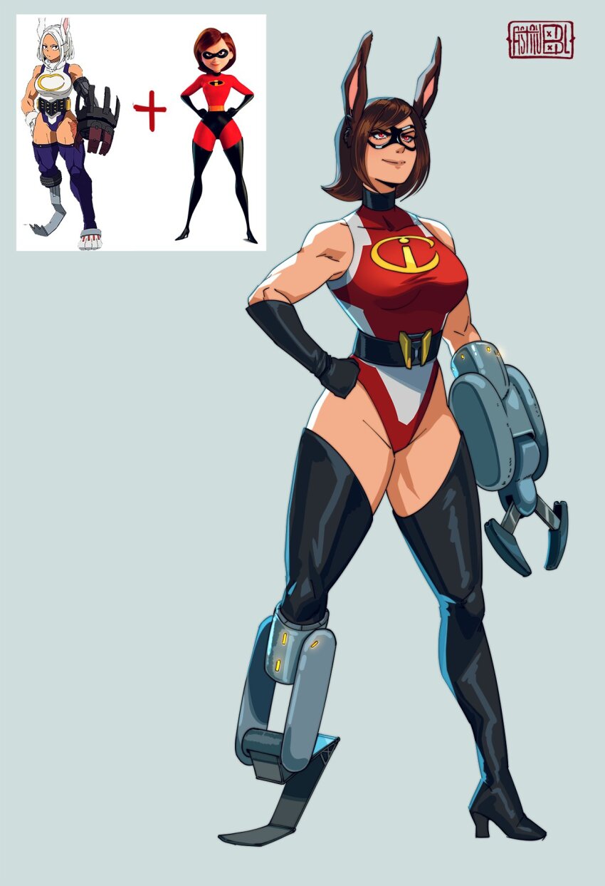 1girl, astrubalart, bare_shoulders, black_gloves, black_sash, boku_no_hero_academia, boots, brown_hair, fusion, gloves, hand_on_own_hip, helen_parr, highres, leotard, mirko, prosthesis, prosthetic_arm, prosthetic_leg, rabbit_girl, red_eyes, red_leotard, sash, short_hair, simple_background, sleeveless_turtleneck_leotard, smile, the_incredibles, thigh_boots, thong_leotard, toned