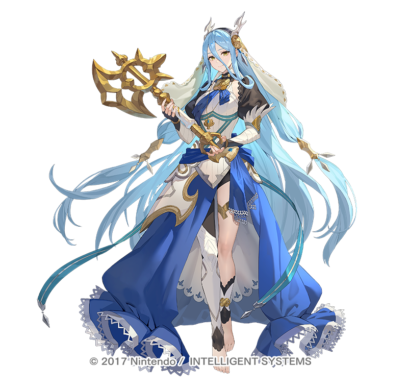 1girl, asymmetrical_legwear, axe, azura_(fire_emblem), azura_(song's_reflection)_(fire_emblem), barefoot, blue_hair, dress, elbow_gloves, fake_horns, fingerless_gloves, fire_emblem, fire_emblem_fates, fire_emblem_heroes, full_body, gloves, hair_between_eyes, hairband, horned_headwear, horns, jewelry, juliet_sleeves, long_hair, long_sleeves, nintendo, official_art, puffy_sleeves, simple_background, smile, solo, teffish, veil, very_long_hair, white_veil, yellow_eyes