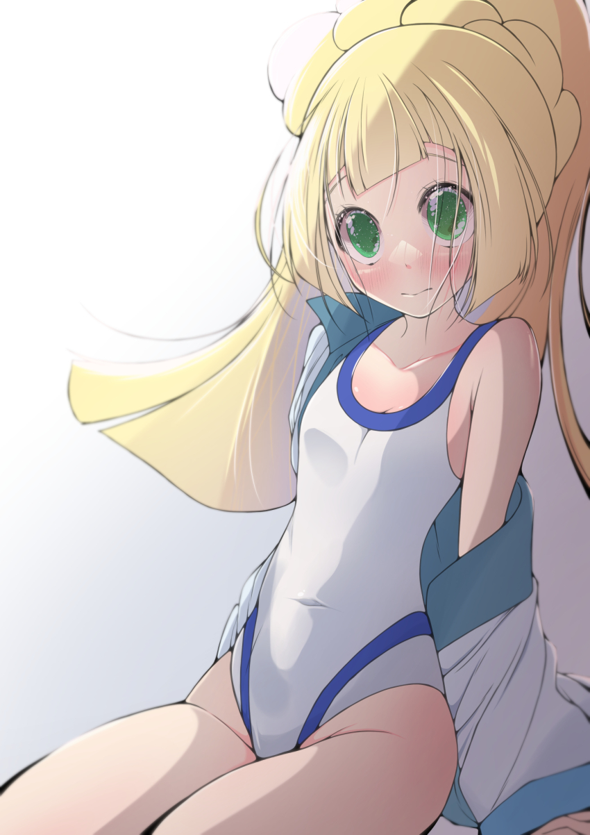 blonde_hair, competition_swimsuit, cosplay, flat_chest, fujiwara_hiro_(kaede_ciao), green_eyes, highres, lillie_(pokemon)