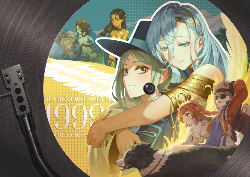 37_(happy_bird_catcher)_(reverse:1999), 37_(reverse:1999), 6+girls, absurdres, animal_ears, armlet, arms_around_neck, backpack