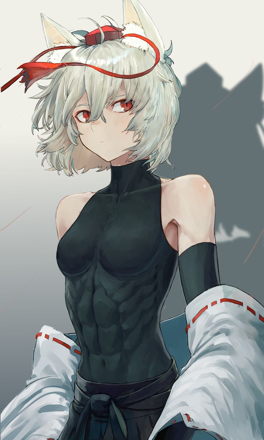 1girl, animal_ear_fluff, animal_ears, arms_at_sides, bare_shoulders, black_gloves, black_hakama, black_shirt