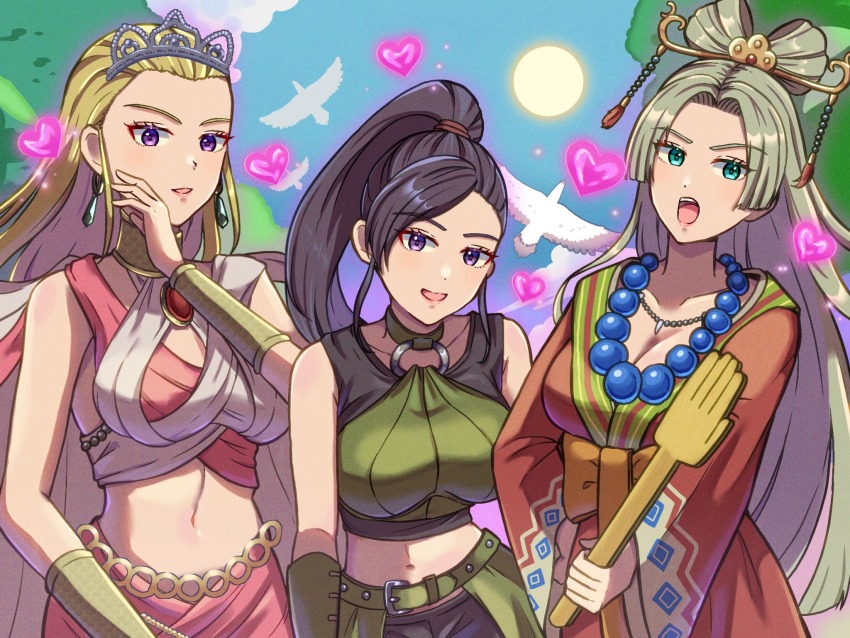 3girls, :o, beads, bird, blonde_hair, blue_eyes, blush, bracelet, breasts, ch1emon_i, cleavage, collarbone, dragon_quest, dragon_quest_xi, earrings, full_moon, grey_hair, hair_ornament, heart, highres, jewelry, large_breasts, leaning_forward, martina_(dq11), midriff, moon, multiple_girls, necklace, nima_daishi, ponytail, purple_eyes, purple_hair, selen_(dq11), thighhighs, tiara