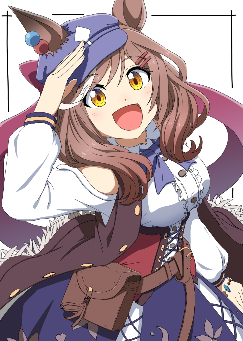 1girl, animal_ears, bare_shoulders, belt_bag, blush, breasts, brown_hair, center_frills