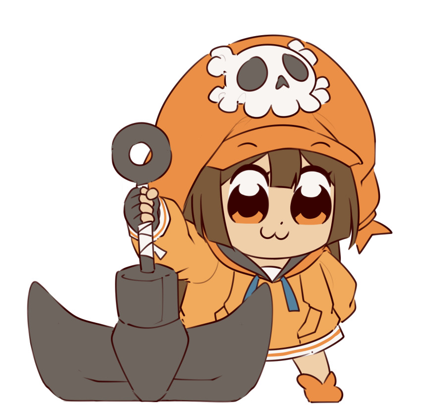 1girl, :3, anchor, bkub_(style), black_gloves, boots, brown_hair, newsboy_cap, fingerless_gloves, gloves, guilty_gear, guilty_gear_strive, hat, hat_ornament, highres, holding, holding_anchor, hood, hoodie, koorogi_satomi, long_hair, long_sleeves, looking_at_viewer, may_(guilty_gear), mil17459623, orange_boots, orange_eyes, orange_hat, orange_hoodie, skull_and_crossbones, skull_hat_ornament, smile