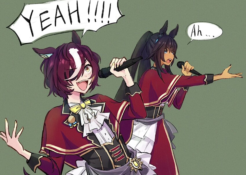 2girls, animal_ears, ascot, black_hair, blue_eyes, bow, bowtie, capelet