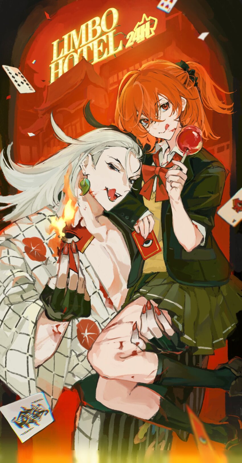 1boy, 1girl, :q, ashiya_douman_(asagao-patterned_yukata)_(fate), ashiya_douman_(fate), asymmetrical_sleeves, black_eyes, black_gloves