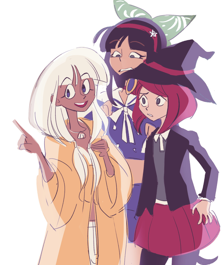 3girls, bikini, black_hat, black_jacket, black_pantyhose, black_sleeves, blazer, blue_eyes