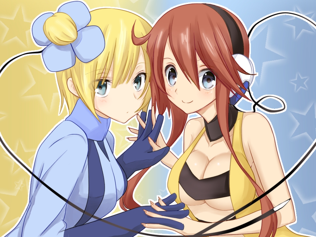 2girls, alternate_costume, alternate_hair_color, alternate_hairstyle, bad_id, bad_pixiv_id, bare_shoulders, blonde_hair, blush, borupikka, breasts, cleavage, cosplay, costume_switch, elesa_(pokemon), elesa_(pokemon)_(cosplay), female_focus, gloves, gym_leader, headphones, holding_hands, large_breasts, long_hair, multiple_girls, nintendo, pokemon, pokemon_black_and_white, ponytail, red_hair, short_hair, skyla_(pokemon), skyla_(pokemon)_(cosplay), smile, underboob