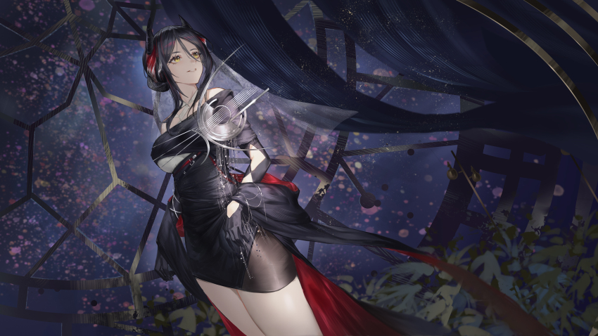 1girl, absurdres, alternate_costume, arknights, black_dress, black_gloves, black_hair, breasts