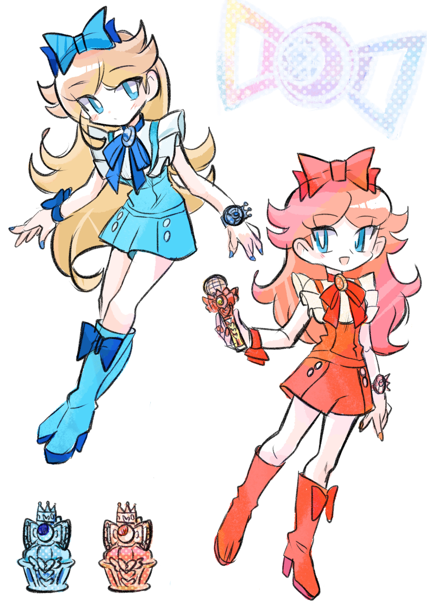 2girls, absurdres, blonde_hair, blue_bow, blue_eyes, blue_footwear, blue_nails, blue_ribbon, boots, bow, bracelet, commentary_request, cosmetics, cosplay, crescent, full_body, hair_bow, highres, himitsu_no_aipri, holding, holding_microphone, hoshikawa_mitsuki, hoshikawa_mitsuki_(cosplay), idol_clothes, jewelry, knee_boots, long_hair, looking_at_viewer, mario_(series), microphone, multiple_girls, nail_polish, neck_ribbon, nintendo, open_mouth, orange_boots, orange_bow, orange_ribbon, pretty_series, princess_daisy, rakugaki_shitagari-ya, ribbon, romper, rosalina, simple_background, smile, standing, white_background