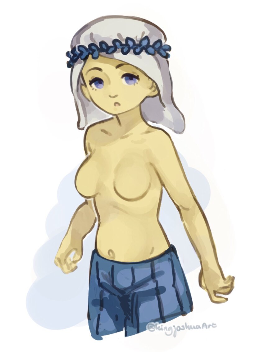 1girl, blue_eyes, blue_pants, colored_skin, commentary, cowboy_shot, fear_&amp;_hunger, fear_&amp;_hunger_(series)