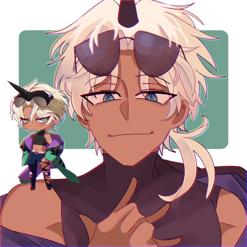 1boy, beelzebub_(what_in_hell_is_bad), compression_shirt, demon_boy, demon_horns, eyewear_on_head, green_eyes, highres