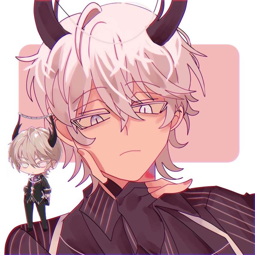 1boy, black_gloves, colored_eyelashes, demon_boy, demon_horns, formal_clothes, gloves, glowing, glowing_eye, hexagram, highres, horns, leviathan_(what_in_hell_is_bad), male_focus, mini_person, miniboy, pinstripe_pattern, pinstripe_suit, short_hair, star_of_david, suit, upper_body, what_in_hell_is_bad, white_eyelashes, white_eyes, white_hair