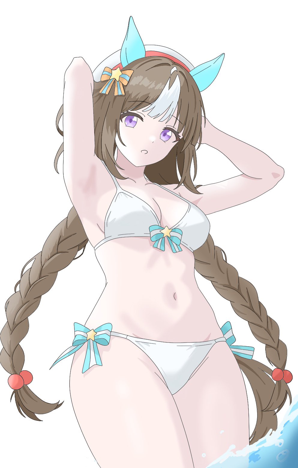 1girl, animal_ears, bikini, bow, braid, breasts, ear_covers, haskap