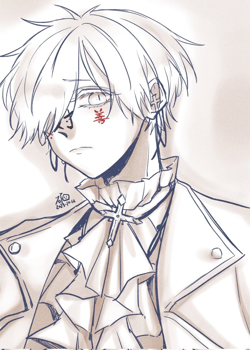 1boy, ascot, cross, cross_earrings, cross_necklace, earrings, gabriel_(what_in_hell_is_bad), hair_over_one_eye, highres, jacket, jewelry, kanji_tattoo, monochrome, necklace, short_hair, spot_color, suit_jacket, upper_body, what_in_hell_is_bad
