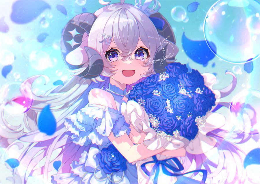 :d, ahoge, bare_shoulders, blue_bow, blue_flower, blue_ribbon, blue_sky, bouquet