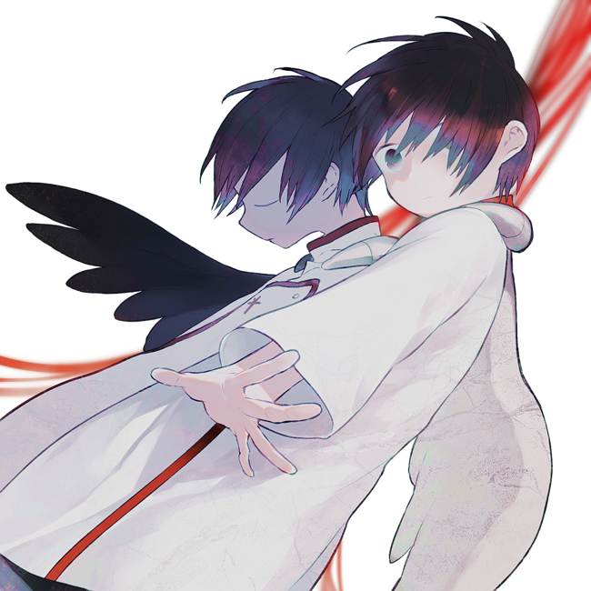2boys, akio_(89e), angel_wings, baroque_(series), black_eyes, black_hair, black_wings, brothers