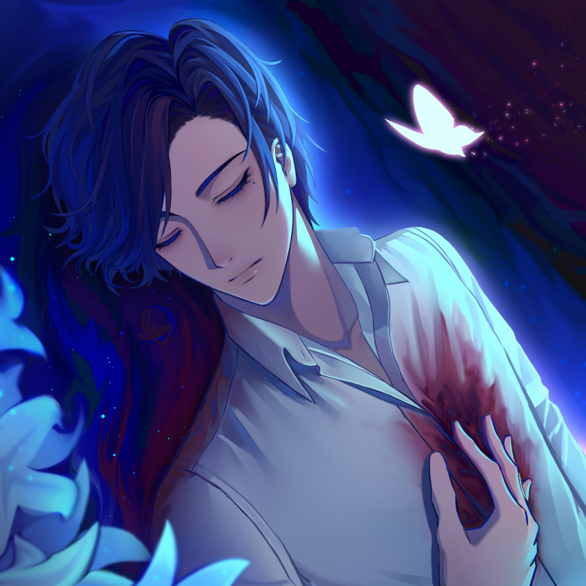 1boy, 713meng, blood, blood_on_clothes, blue_hair, bug, butterfly, clarence_clayden