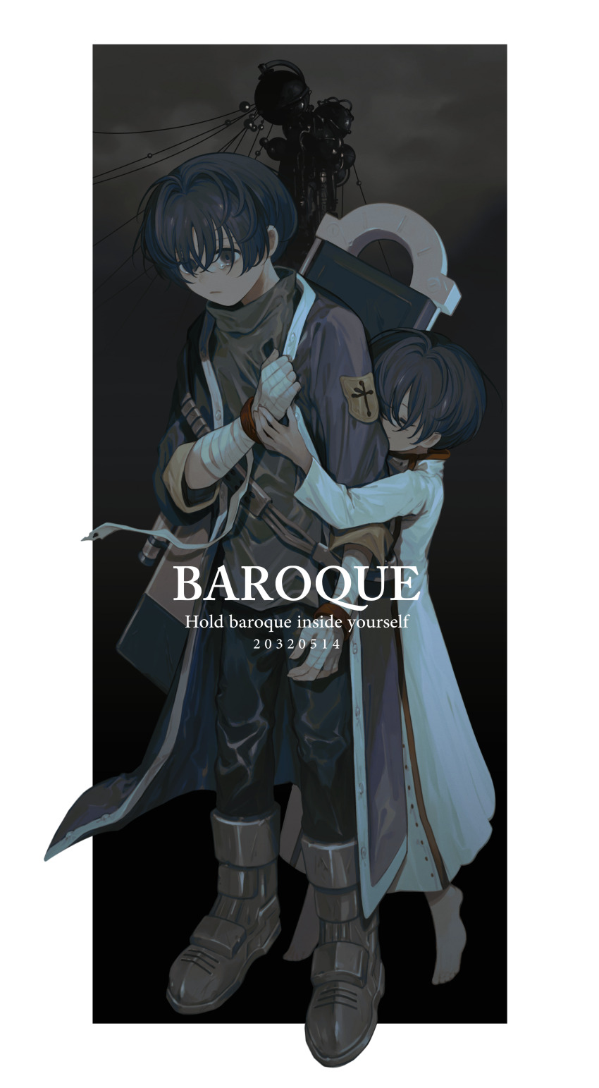 2boys, absurdres, age_difference, bandaged_arm, bandages, barefoot, baroque_(series), black_hair, boots, border, brothers, brown_eyes, brown_hair, child, closed_eyes, copyright_name, crossed_arms, dated, empty_eyes, english_text, food, fruit, full_body, grey_sky, highres, hug, hug_from_behind, knife, looking_at_viewer, male_focus, mop_(shirokumaiceumaiyo), multiple_boys, protagonist_(baroque), sad, short_hair, siblings, size_difference, sky, standing, tears, tower, twins, white_border