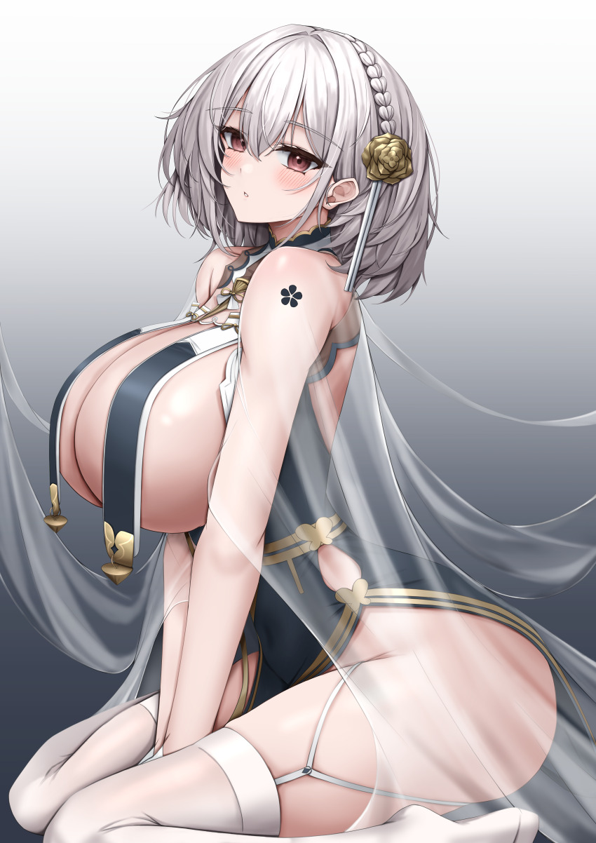1girl, absurdres, azur_lane, bare_shoulders, blush, braid, breast_curtains, breasts, commentary_request, from_side, gradient_background, grey_hair, hair_between_eyes, hair_ornament, highres, huge_breasts, looking_at_viewer, looking_to_the_side, official_alternate_costume, parted_lips, red_eyes, see-through_clothes, short_hair, sideboob, simple_background, sirius_(azur_lane), sirius_(azure_horizons)_(azur_lane), solo, thighhighs, thighs, ueyama_0clock, white_thighhighs