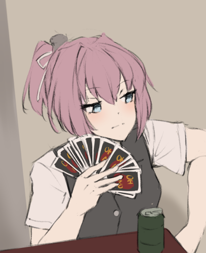 blue_eyes, card, collared_shirt, cup, draw_25_(meme), dress_shirt, grey_vest, hair_ribbon