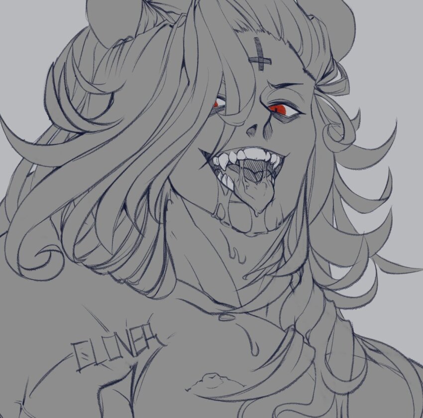 1boy, abs, cross, cross_tattoo, demon_boy, demon_horns, drooling, fangs