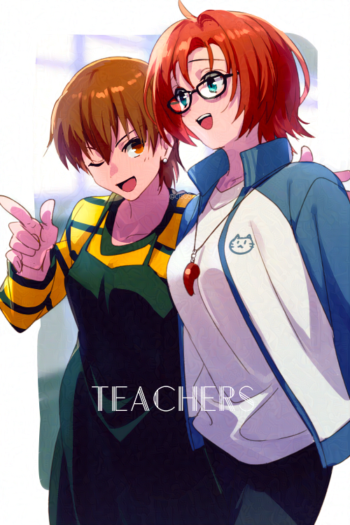 2girls, apron, blue_jacket, boudica_(fate), breasts, brown_eyes, brown_hair, echo_(circa)